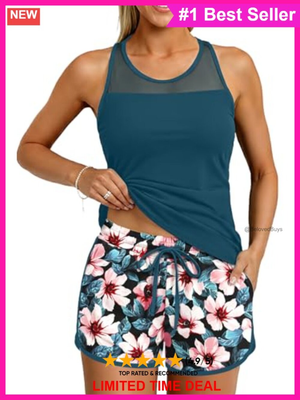 Tankini with Shorts Two Piece Swimsuit High Neck Tummy Control Racerback